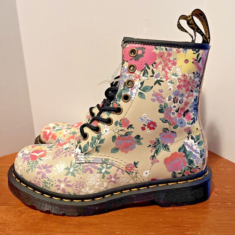 Dr Martens Floral Mash Up Backhand Leather Womens 6 Boots 1460‎ Parchment Beige - Picture 3 of 9
